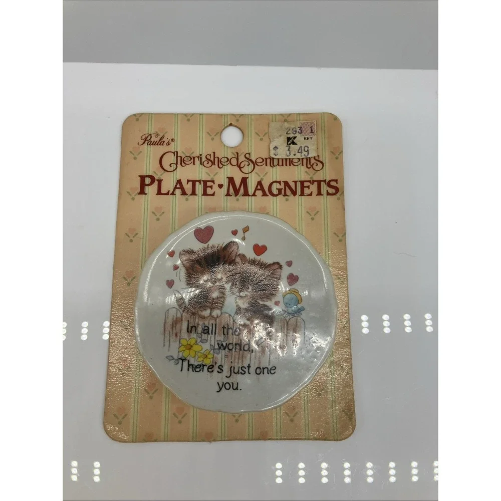 Vtg. Cherished Sentiments Plate Fridge‎ Magnet Cats Love Hearts Kitschy NOS